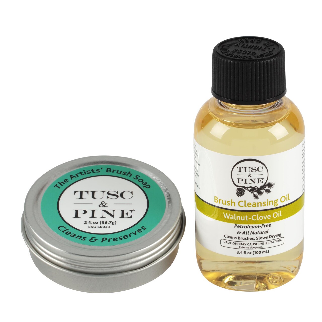 Tusc & Pine Brush Care Duo – 2 oz Artists’ Soap & 3.4 Fl Oz Walnut-Clove Oil Set for Acrylic, Watercolor & Oil Brushes - Solvent-Free Cleaner & Conditioner - Natural Bristle Care - Made in the USA